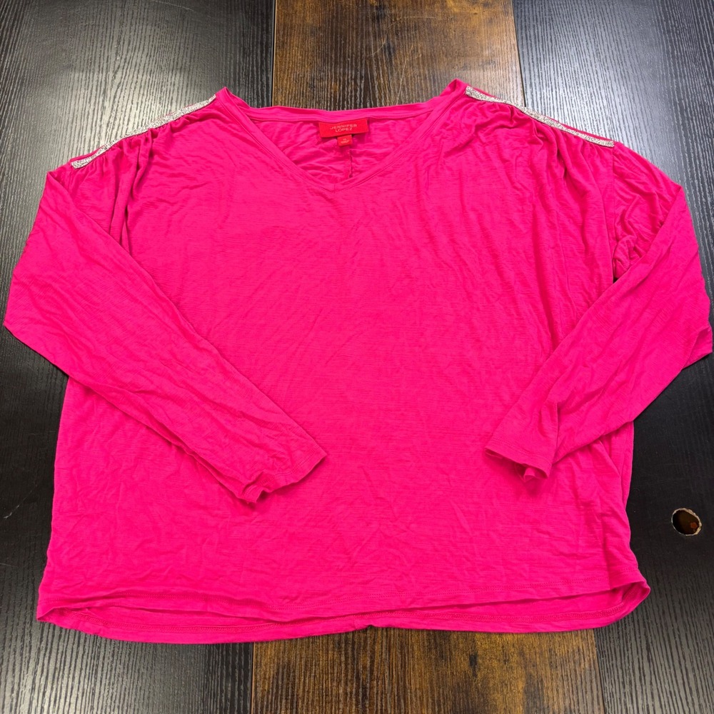 Jennifer Lopez‎ Womens Hot Pink V-Neck Rhinestone Shoulder Long Sleeve Top XL